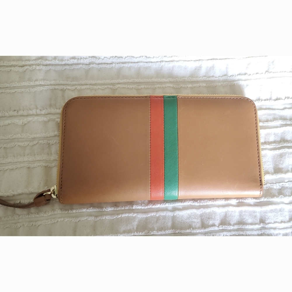 Clare V Tan Wallet with Red and Green Stripe